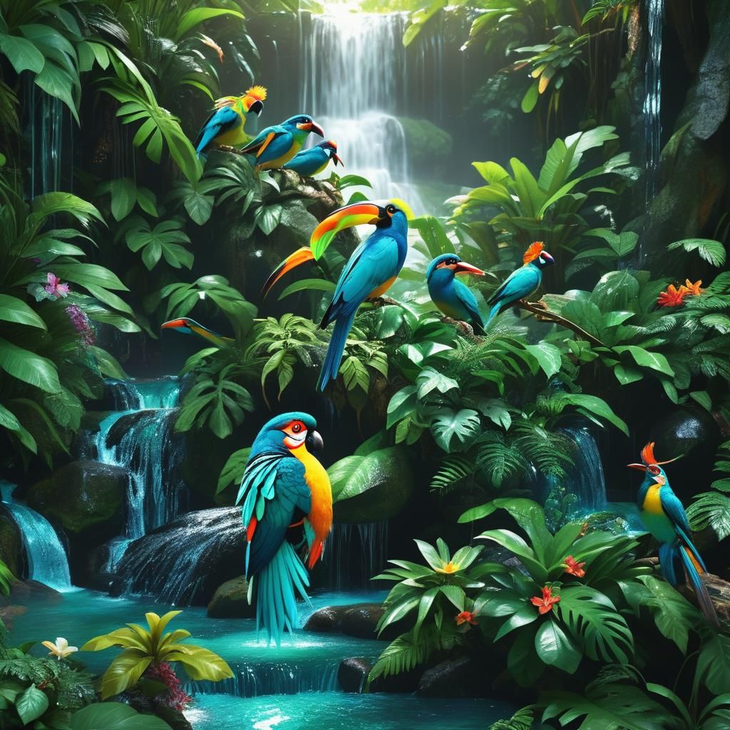 Tropical Birds in Dense Rainforest