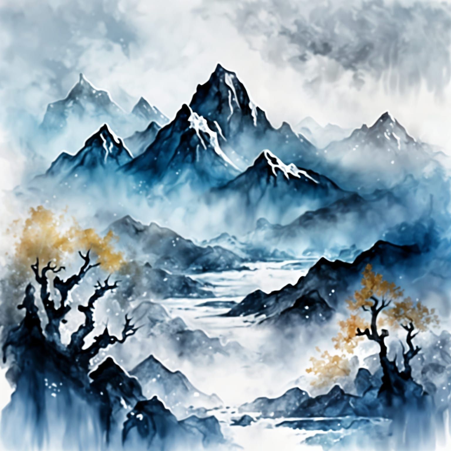 Icy Arctic Landscape in Chinese Ink Painting Style