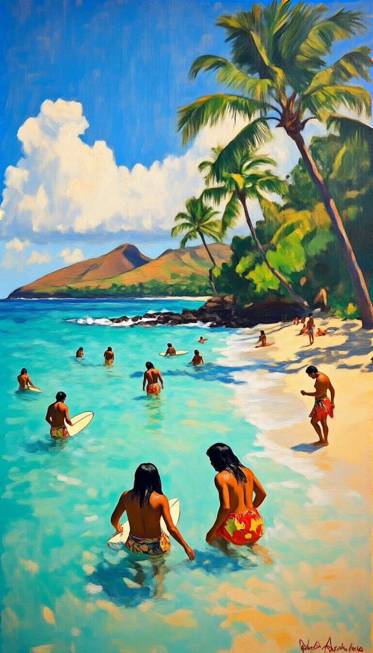 Hawaiian Beach Scene in Expressionist Style