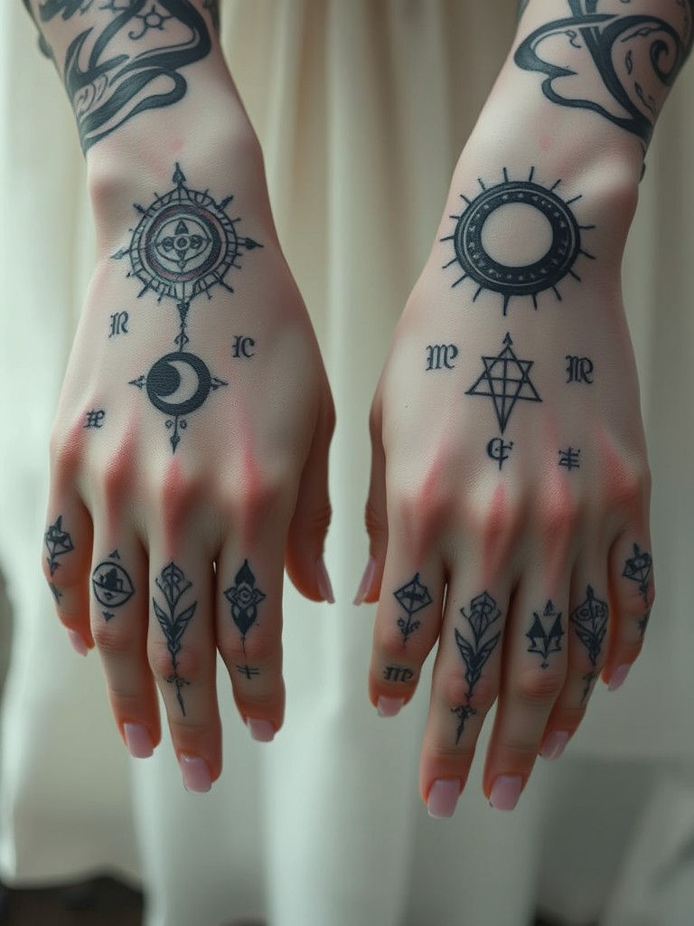 Fantasy Tattoos on Pale Hands in Ethereal Pastel