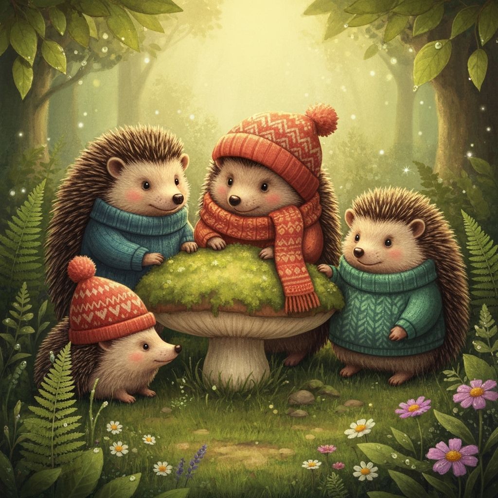 Hedgehog Family Sheltering from Rain in Cozy Forest