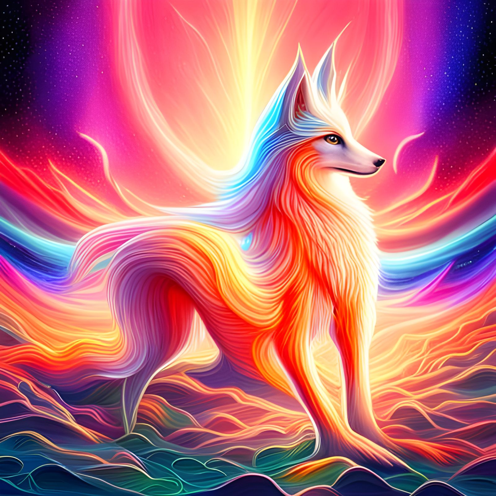 Rainbow Nine-Tailed Fox in Cosmic Astral Illustration