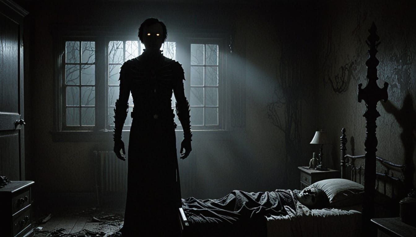 Gothic Figure Outside Bedroom Window in Dark Surrealist Art