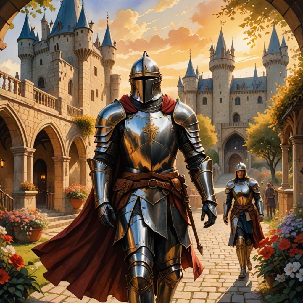 Chivalrous Knight in Romantic Watercolor Setting