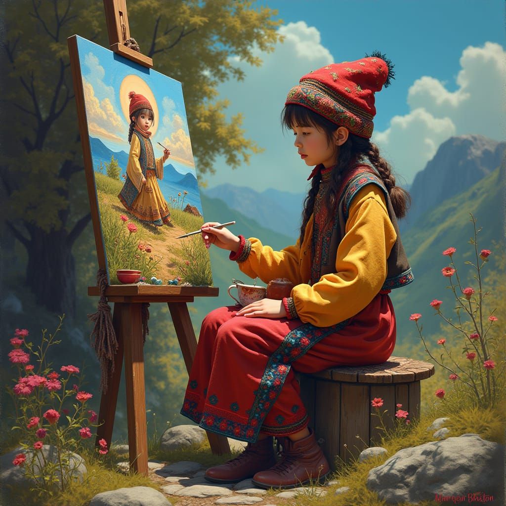 Kazakh Girl Paints Vibrant Fantasy Scene in Traditional Clot...