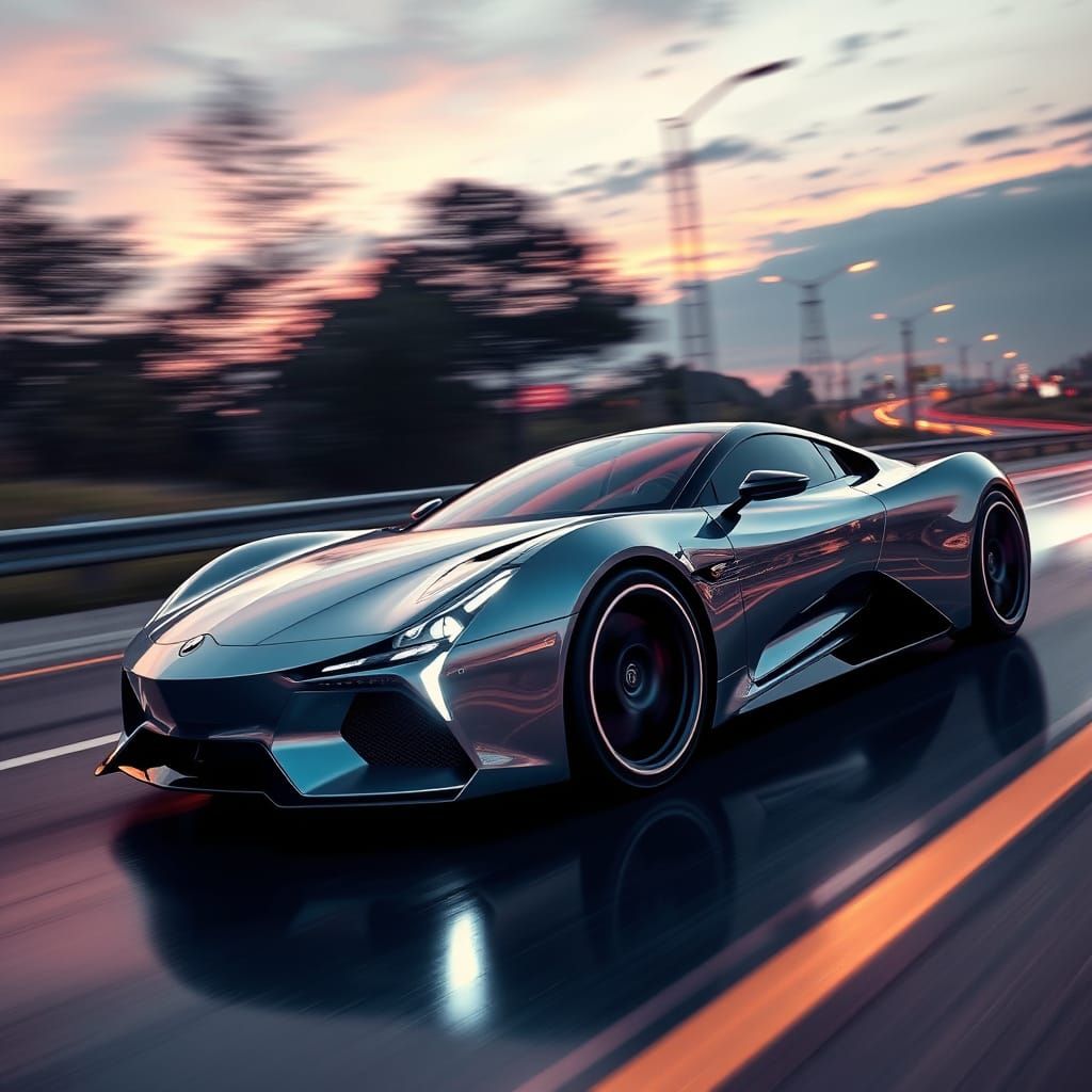 Futuristic Silver Sports Car on Neon Highway