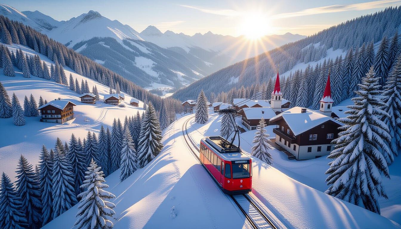 Red Funicular Climbs Snowy Alps in Golden Morning Light