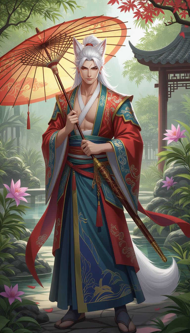 Asian Warrior with Fox Ears in Vibrant Garden