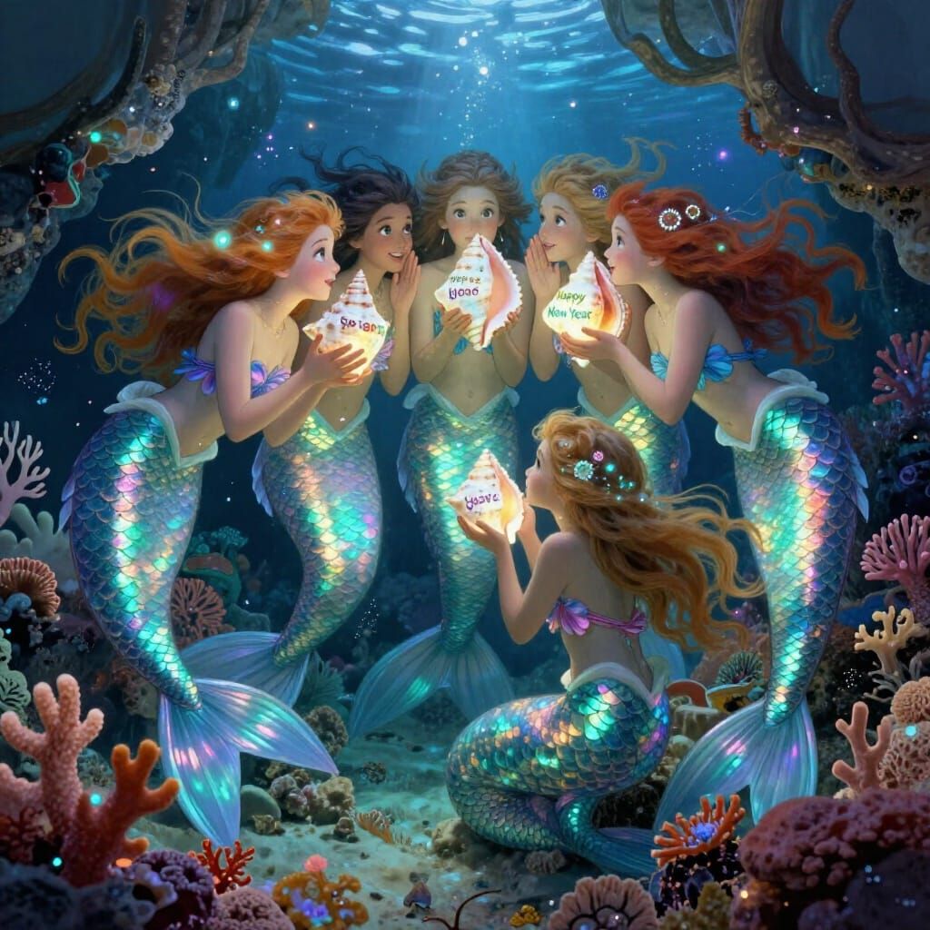 Mystical Mermaids Wish Happy New Year Underwater