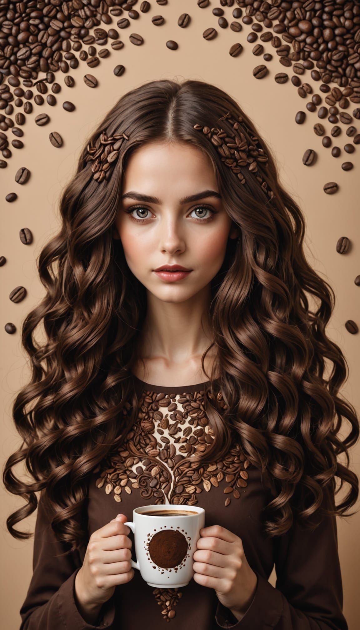 Girl with Chocolate Coffee Bean Curls in Whimsical Coffee Sc...