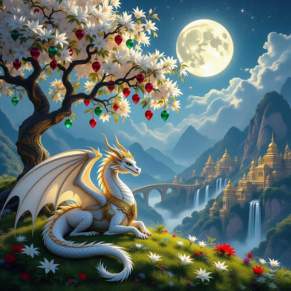 Majestic White Gold Dragon Under Jeweled Tree