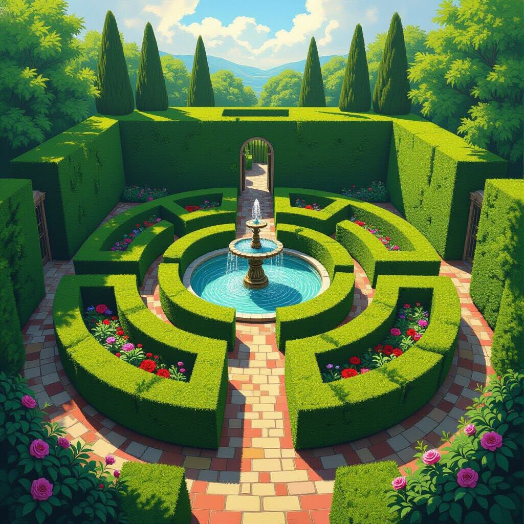 Lush Green Hedge Maze With Mystical Fountain