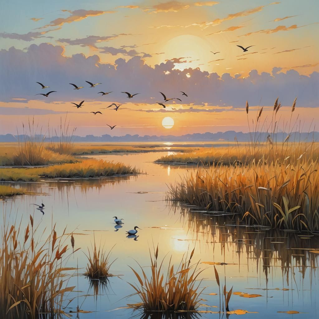 Impressionist Water Birds in Marsh at Sunset