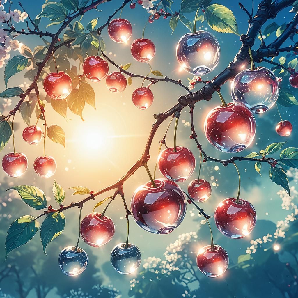Ethereal Glass Cherry Tree in Anime Style