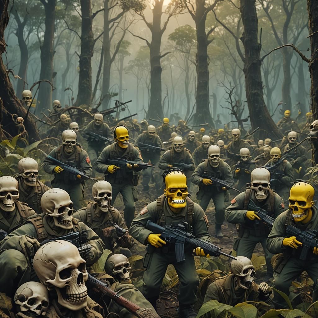 art of the Simpsons as special ops soldiers in the jungle fighting in the Korean war, spooky, skeletons, skulls, 4k, col...