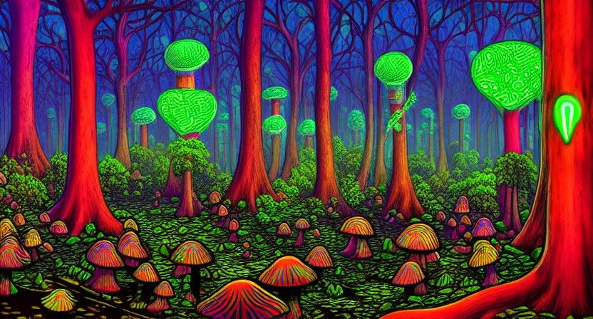 Neon Cyberpunk Forest with Bioluminescent Mushrooms
