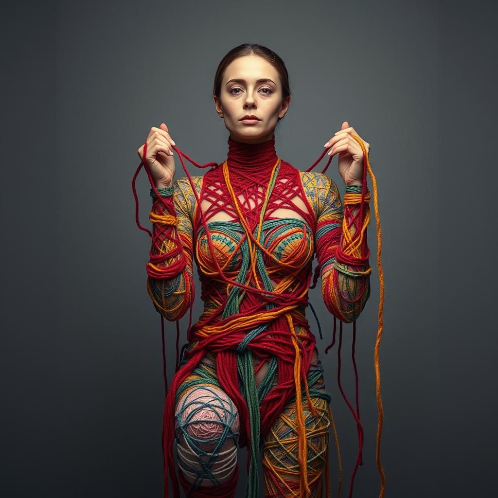 Yarn Woman Knitting Herself: Surreal Art