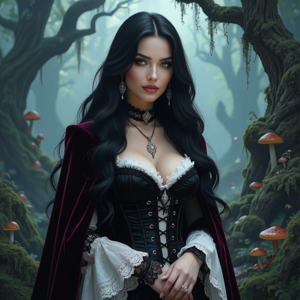 Gothic Woman in Mystical Forest: Hyperrealistic Portrait