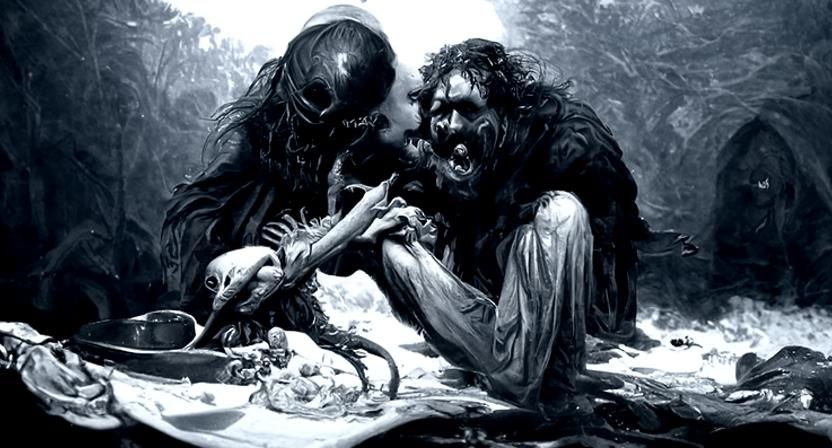 Horrific Cannibal Scene in Gothic Horror Style