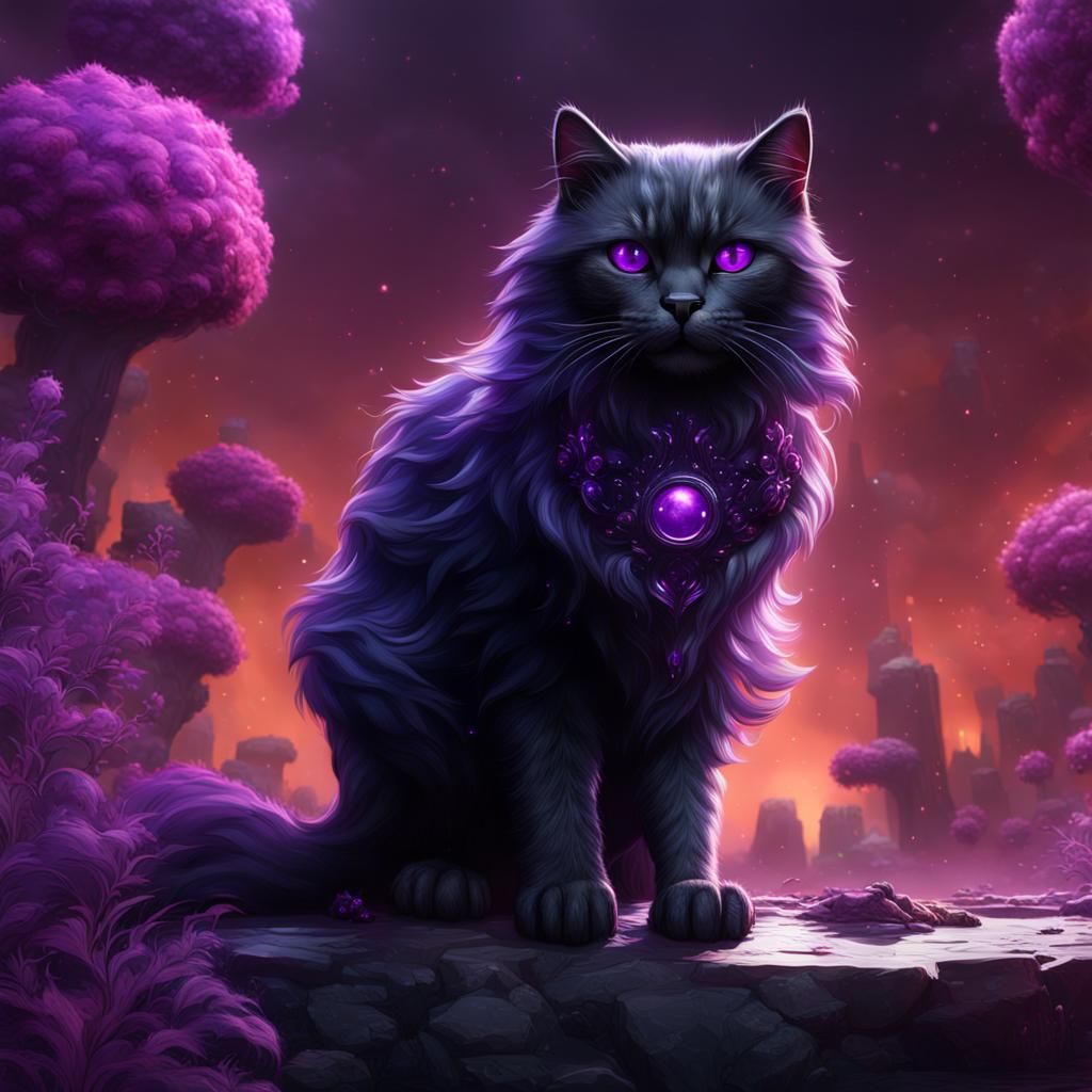 Purple-Eyed Cat in Synthwave Dreamscape