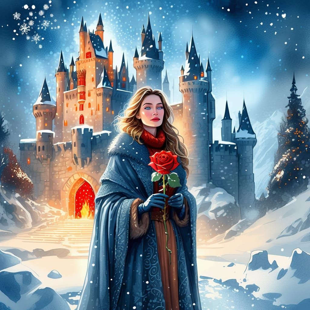 Woman with Red Rose in Snowy Winter Castle Grounds
