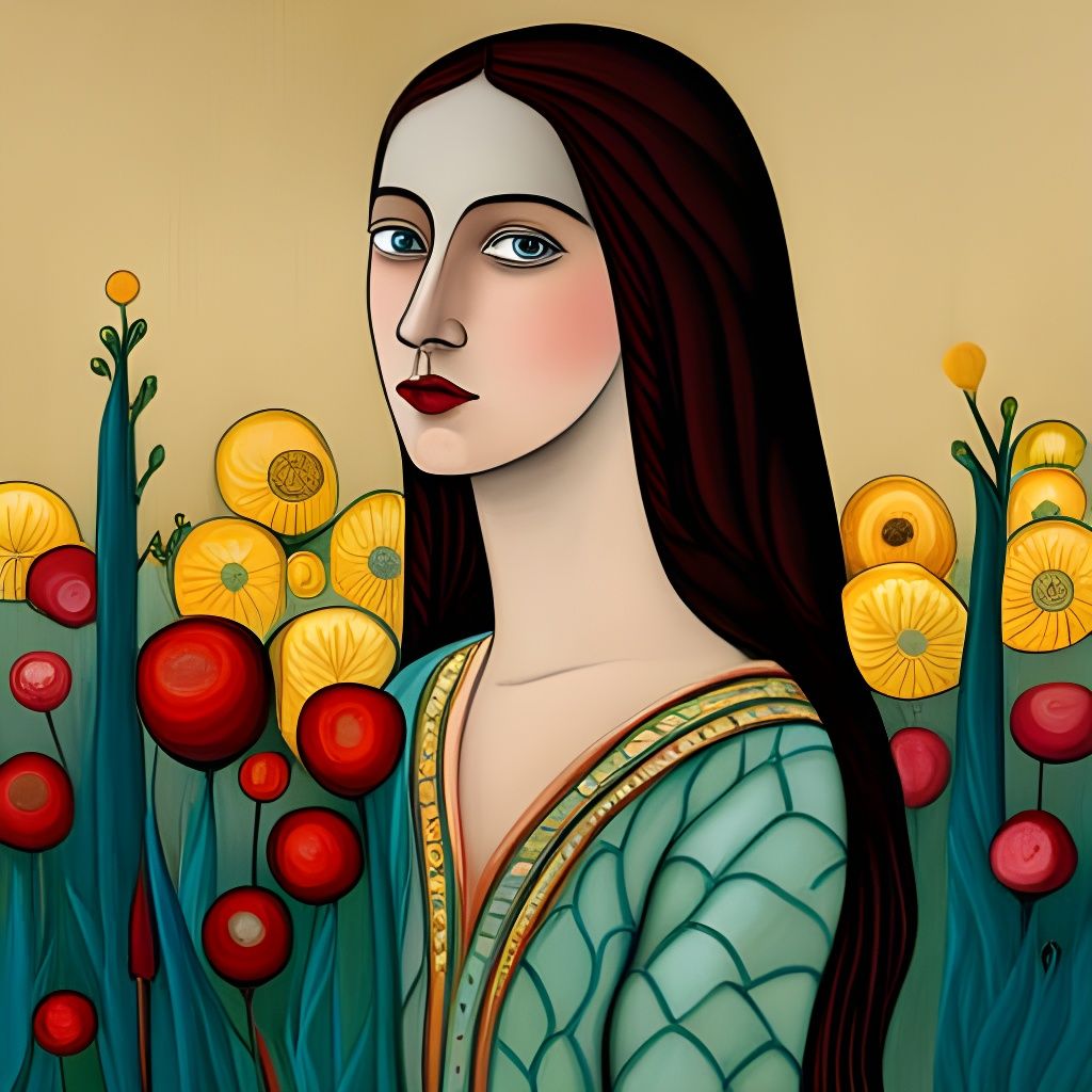 Woman in Flower Field: Art Deco Qajar Painting