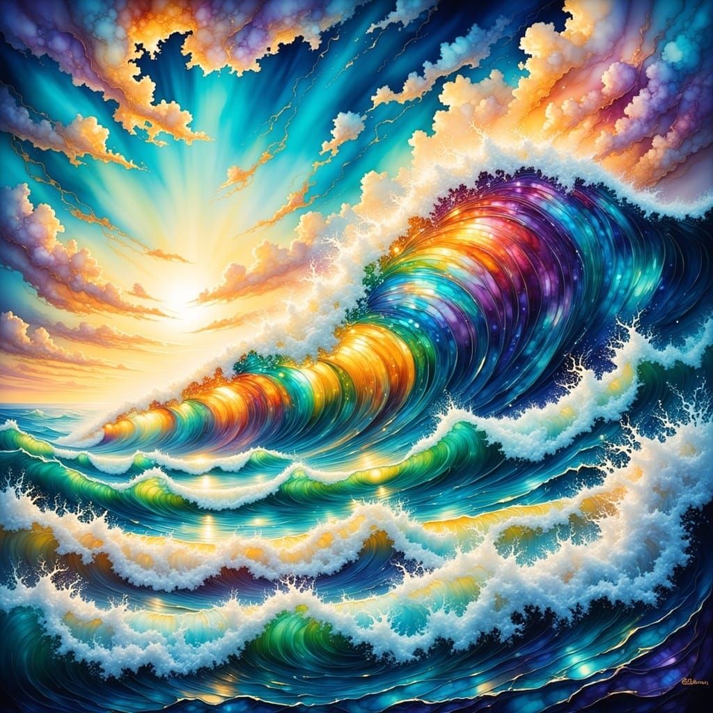 Iridescent Rainbow Waves on Sun-Kissed Shores