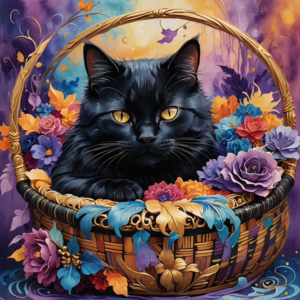 Black Kitty Sleeping in Basket: Splatter Art