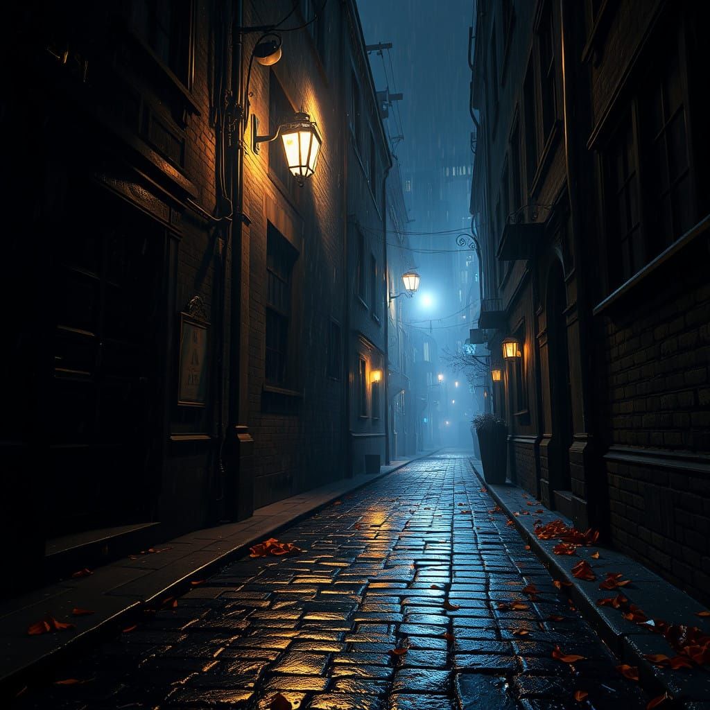 Mystical Winter Alley at Night, Shrouded in Darkness and Rai...
