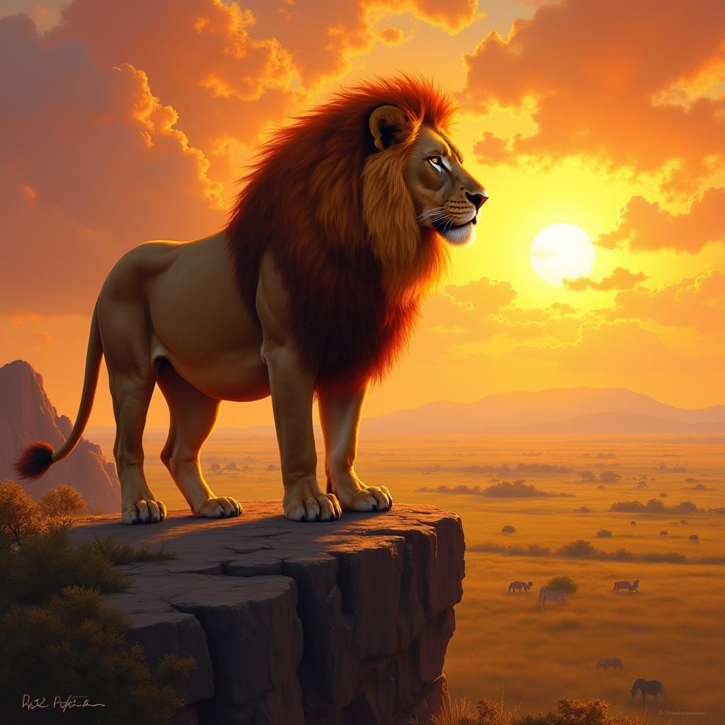 Lion with Flaming Mane Overlooking Savannah