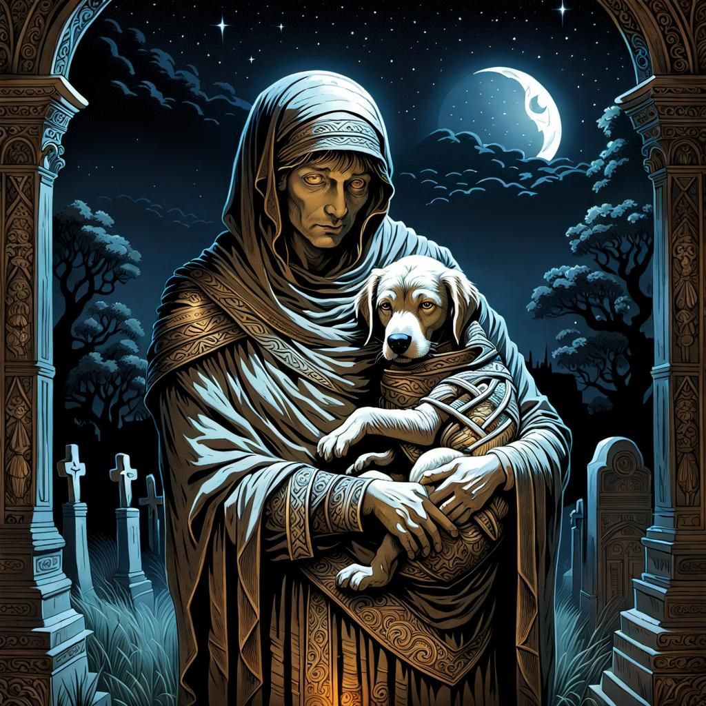 Mummy Cradling Puppy in Graveyard, Doré Style