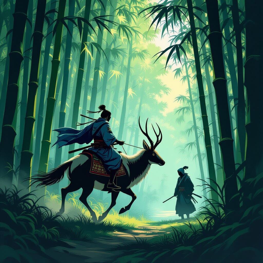 Samurai Rider and Antelope Encounter Ninja in Bamboo Forest