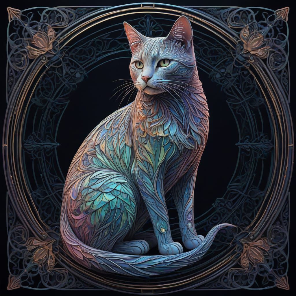 Art Nouveau Cat Amidst Geometric Frame