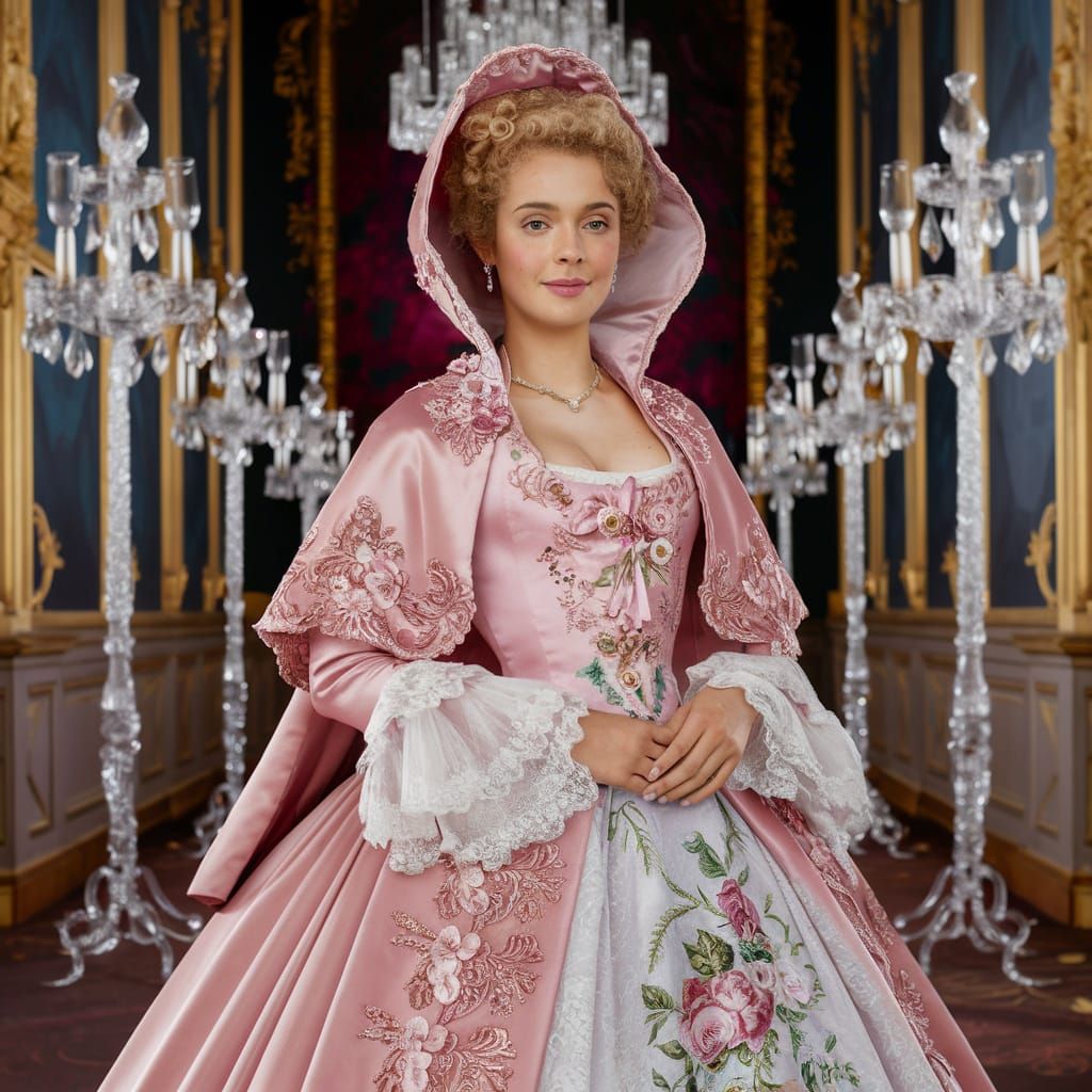 18th century pink Cinderella Rococo Ball Gown with pink cloa...
