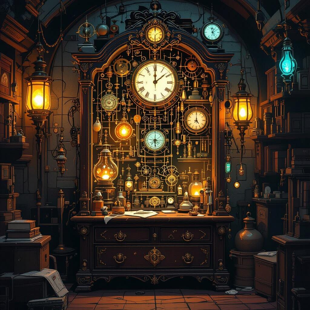 Mystical Cabinet of Curiosities in Digital Painting Style