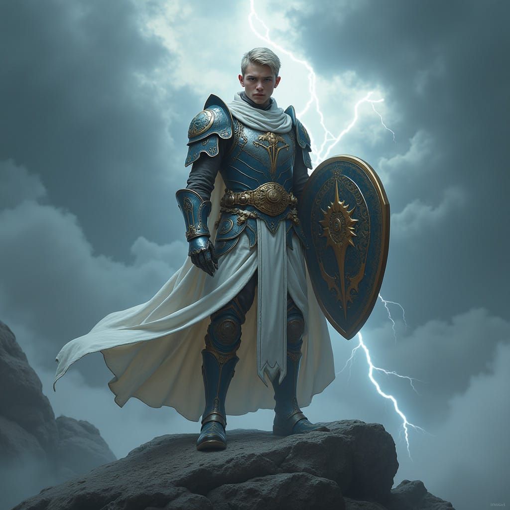 Steampunk inspired young cleric man wearing  long white shin...