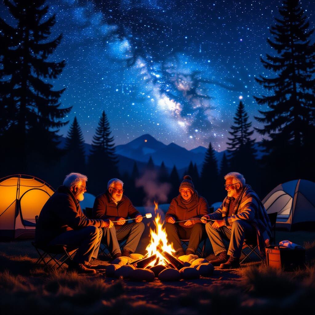 Cozy Campsite Under Starry Sky with Friends