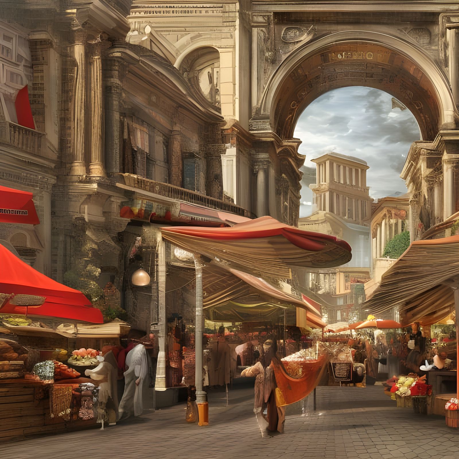 Grand Roman Market Entrance in Hyperrealistic Style