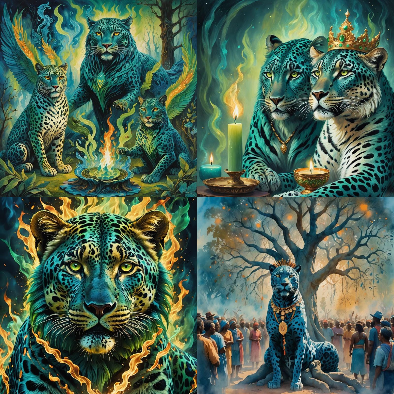 Vibrant Celebration with Blue Jaguar and Owl God