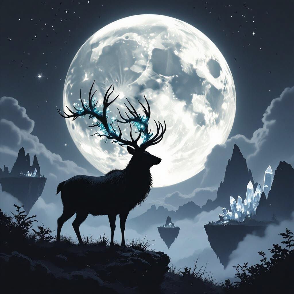 Stag Silhouette with Bioluminescent Flora, Dark Fantasy