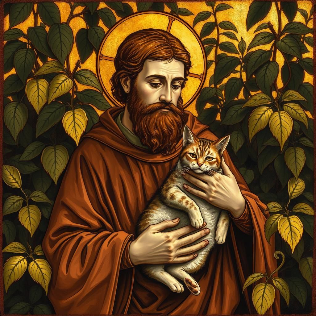 Saint Francis and Cat in Enameled Glass Style