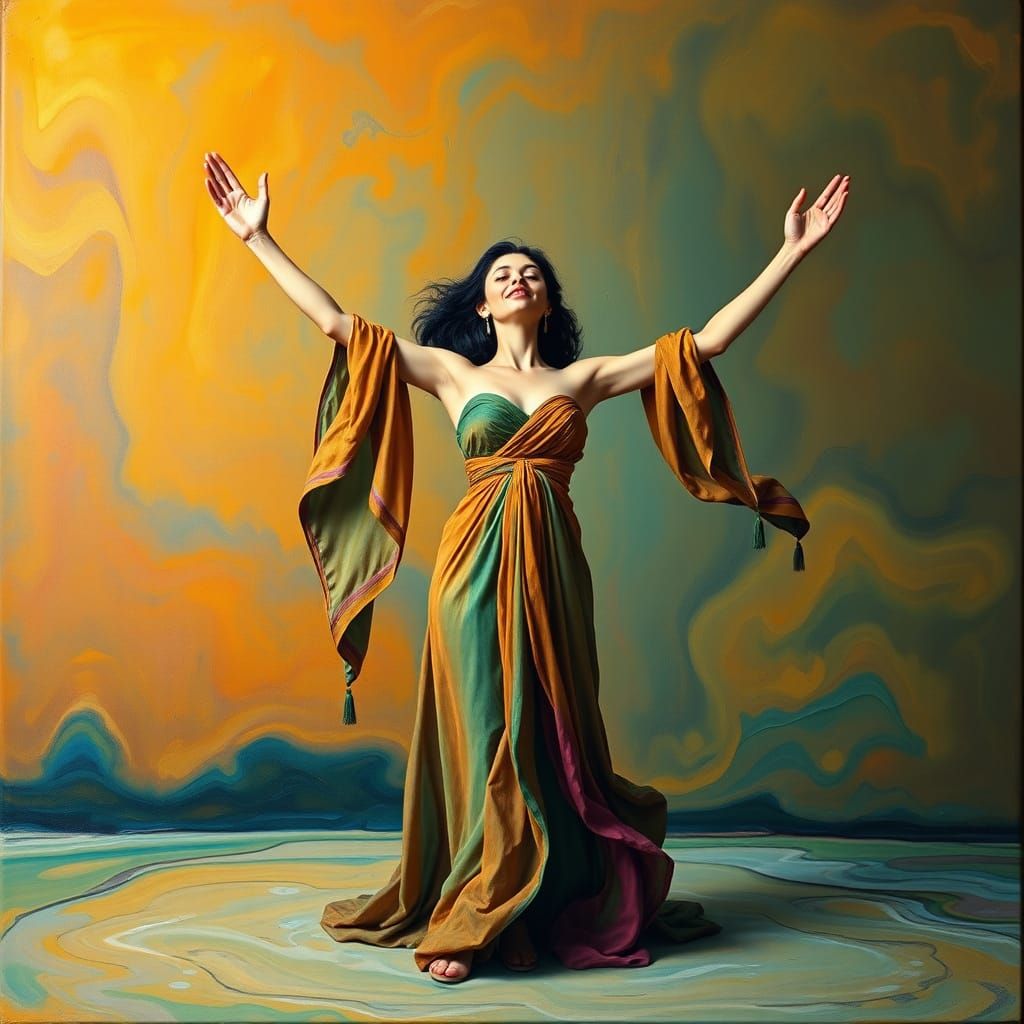 Surrealist Woman with Flowing Attire and Raised Arms