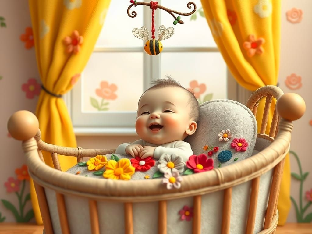 Happy Baby in Felt Flower Cradle: Gouache Wonderland