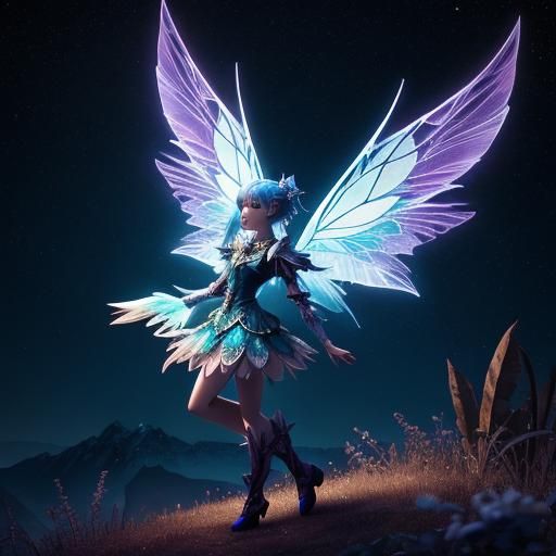 Glowing One-Winged Fairy Searches at Night: 3D Anime