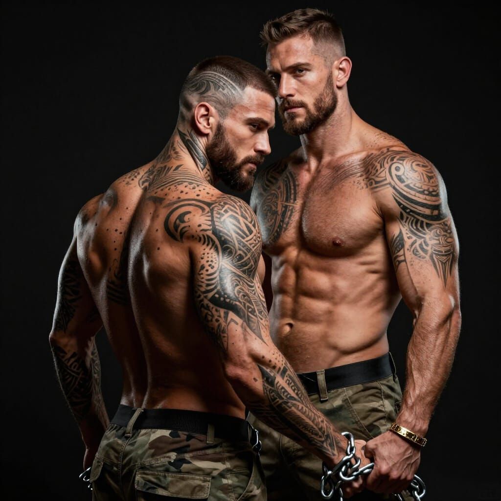 Athletic Men with Tribal Tattoos and Chain