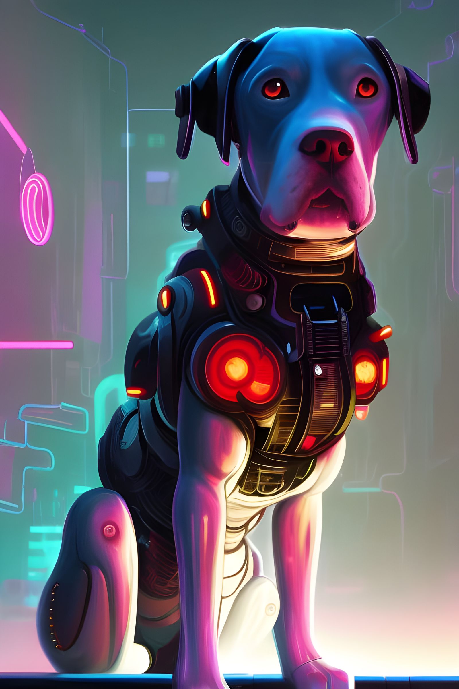 Cybernetic Labrador Retriever in Cyberpunk Loft