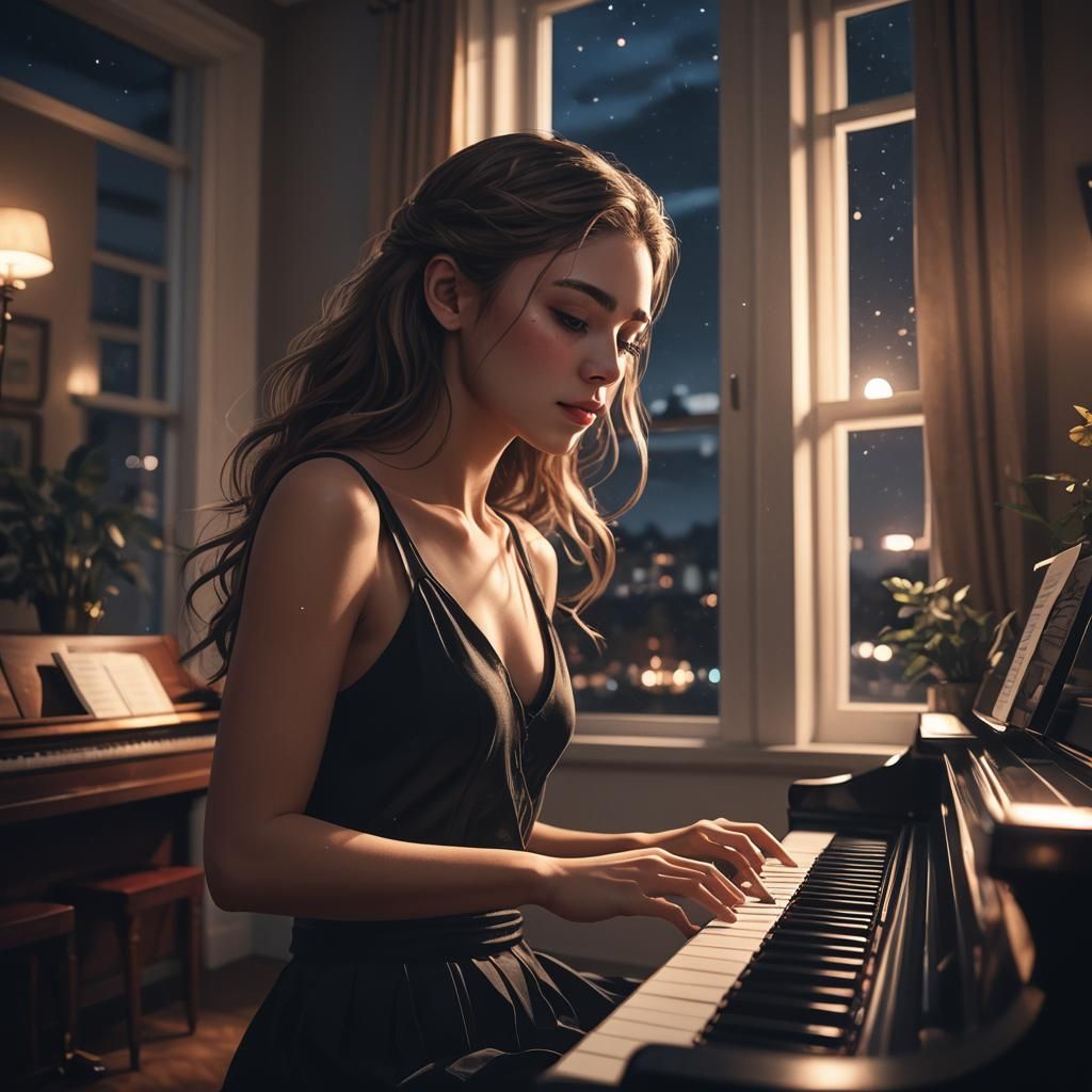 Girl at Piano in Moody, Cinematic Lighting
