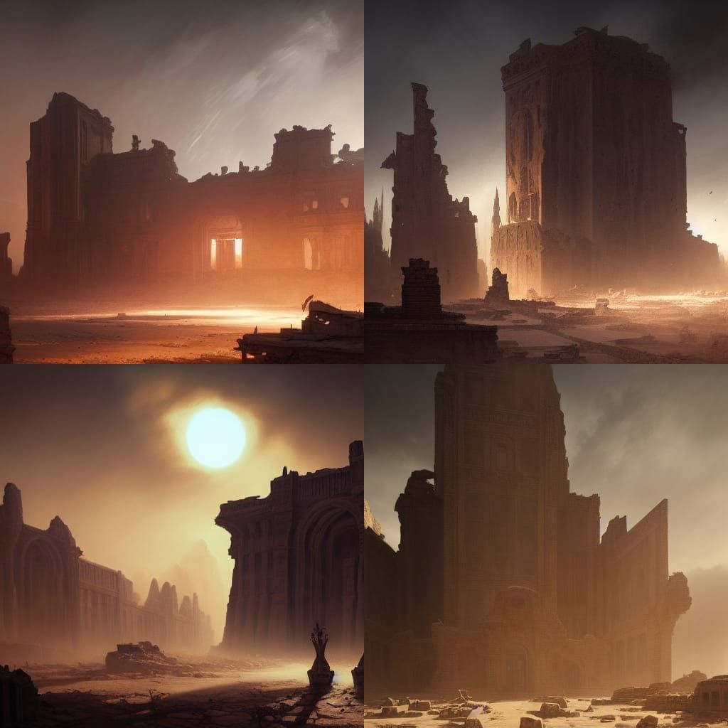 Desert Ruins Under Dying Sun: Dark Fantasy Art