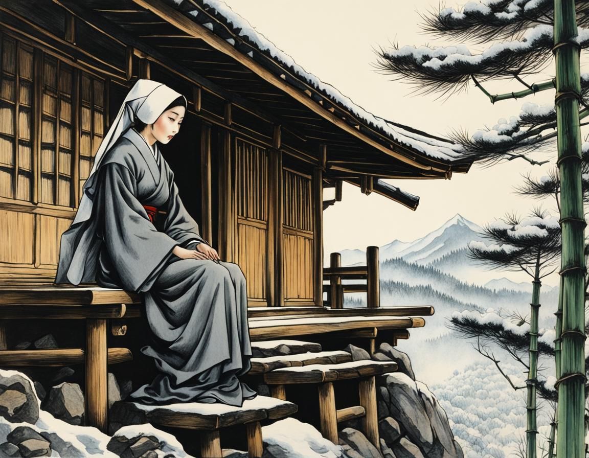 Young Japanese nun sitting on the steps of a mountain hut in...