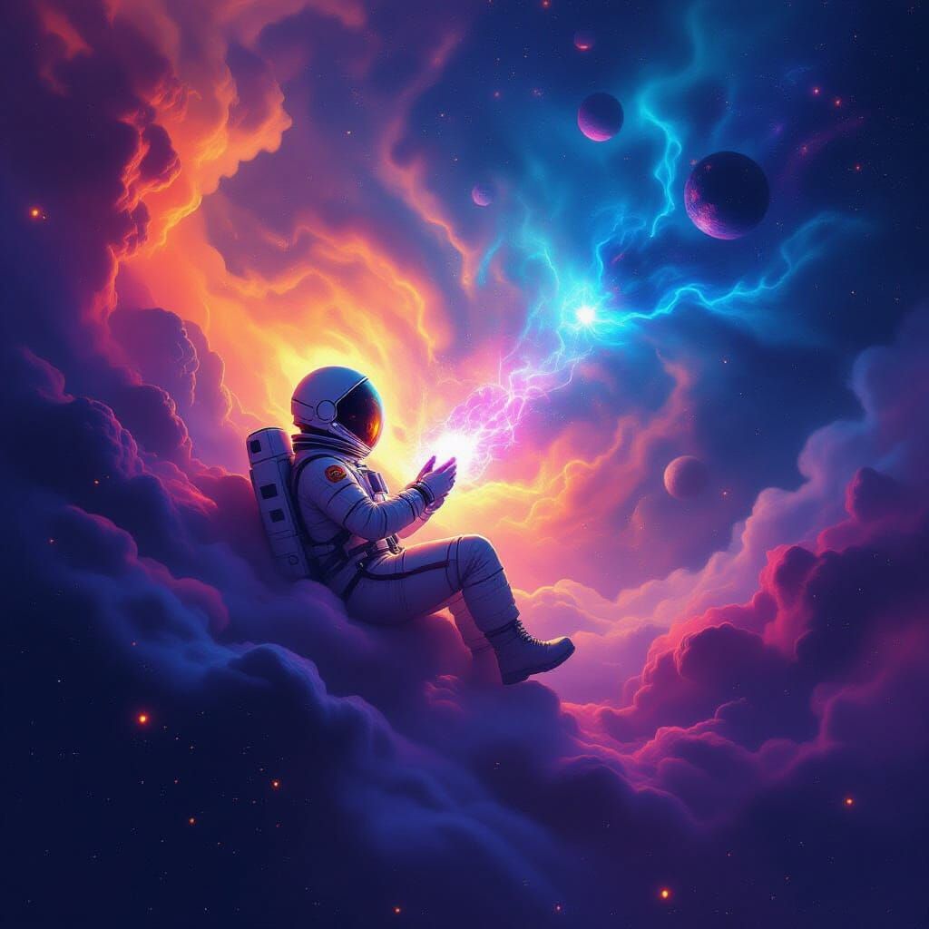 Astronaut Adrift in Cosmic Nebula with Glowing Artifact